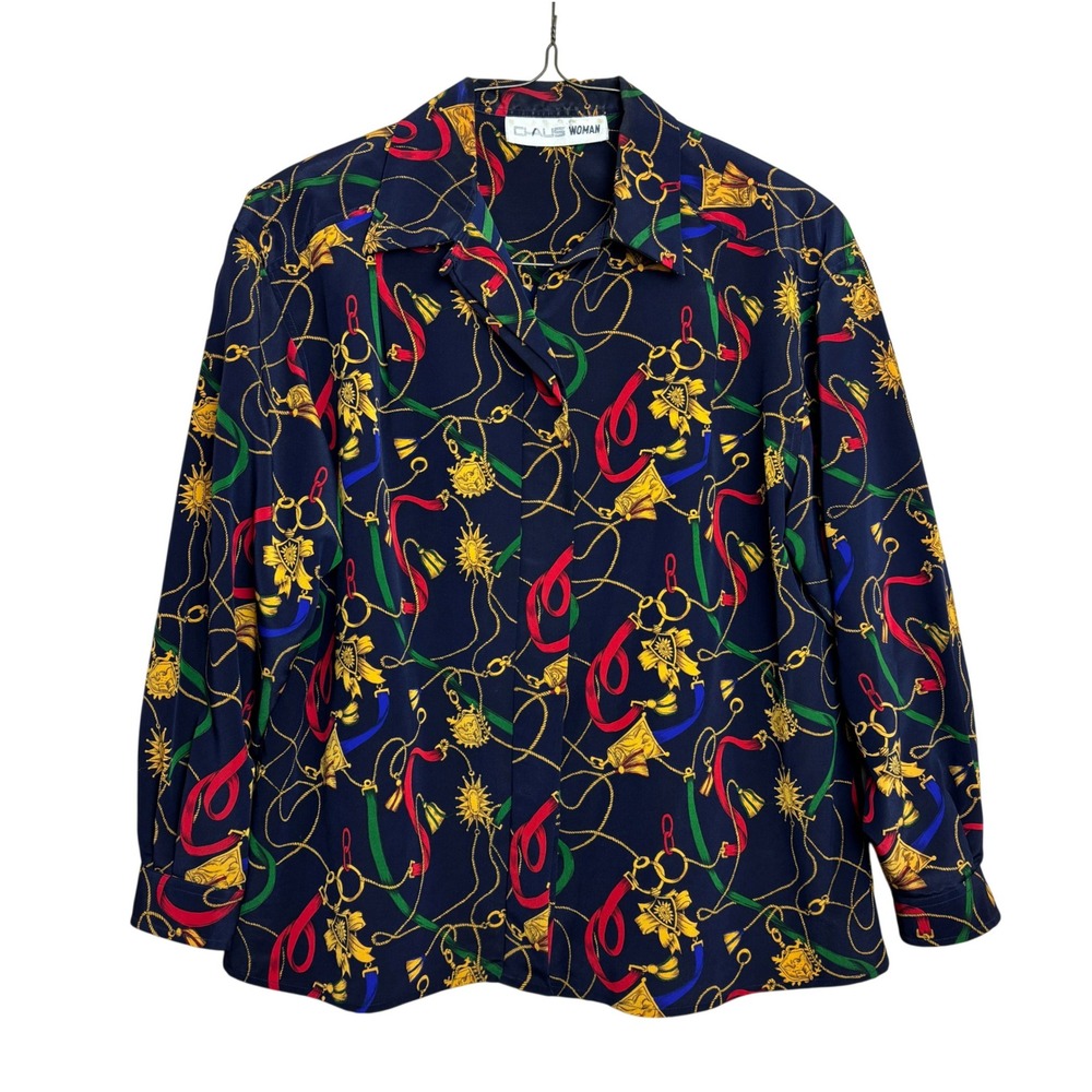Chaus Woman 16W Vintage 90s Equestrian Baroque Print Blouse Gold Chain Pattern